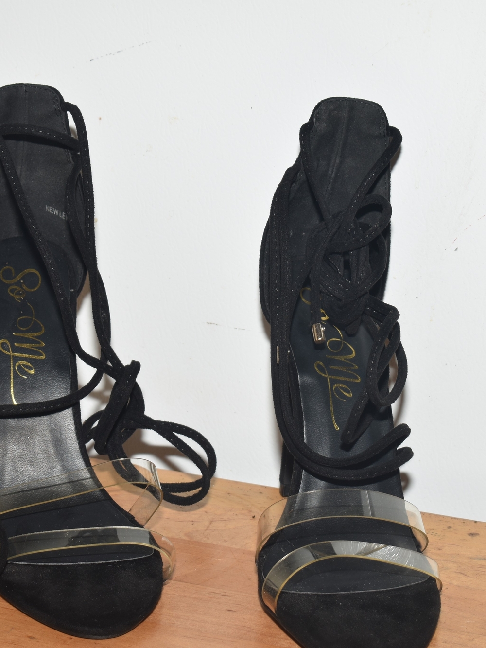 So Me Black Lace-Up Heeled Sandals with Clear Straps